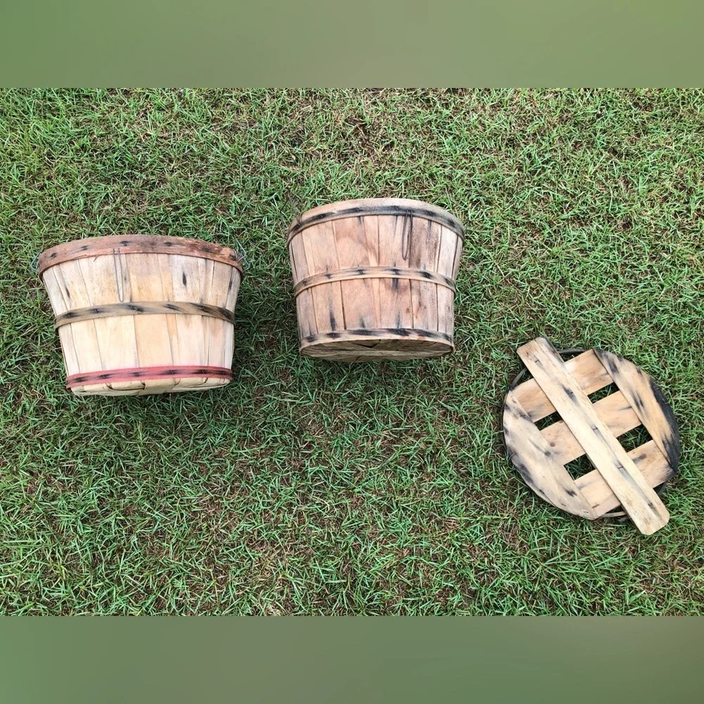 Wood Bushel Basket Vintage Primitive Handles Apple Peach Farmhouse Set Of 2